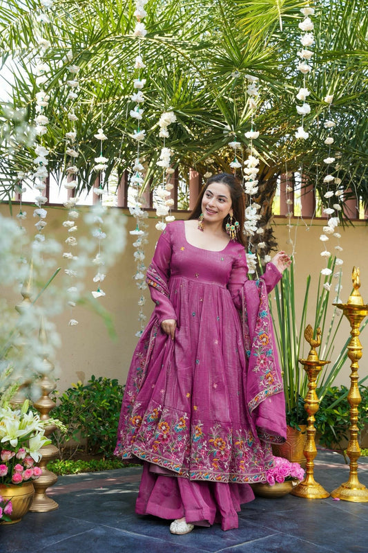 Magenta Pink Floral Crunchy Silk Anarkali Suit Set