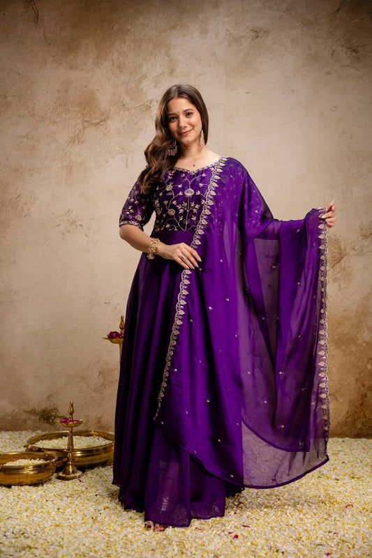 Purple Embroidered Chinon Anarkali Dress
