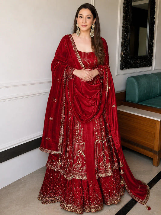 Red Crunchy Silk Embroidered Anarkali Suit Set
