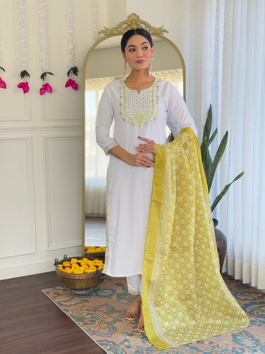 White Grace Viscose Kurta Pant Suit Sets