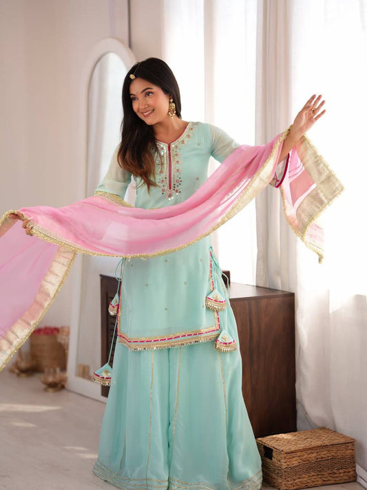 Sky Mint Embroidered Organza Sharara Suit Set