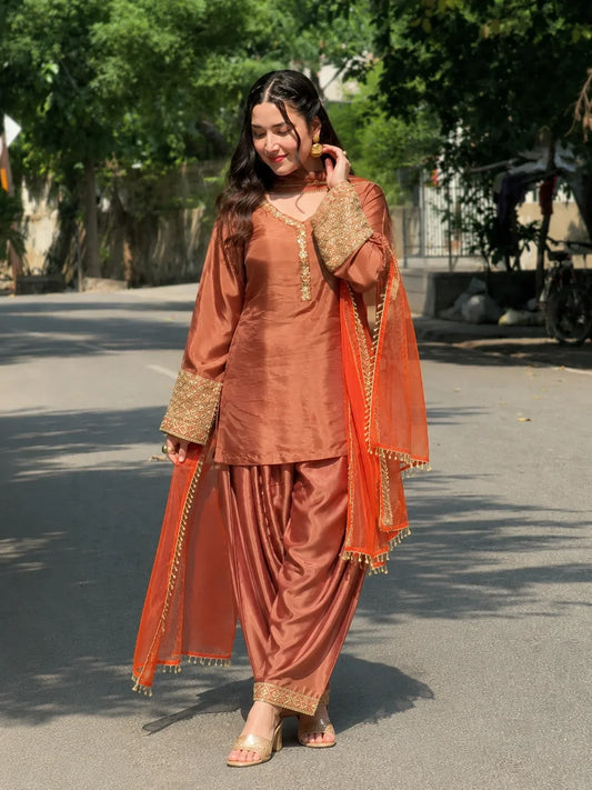 Copper Brown Jacquard Work Embroidered Farshi Kurta Set