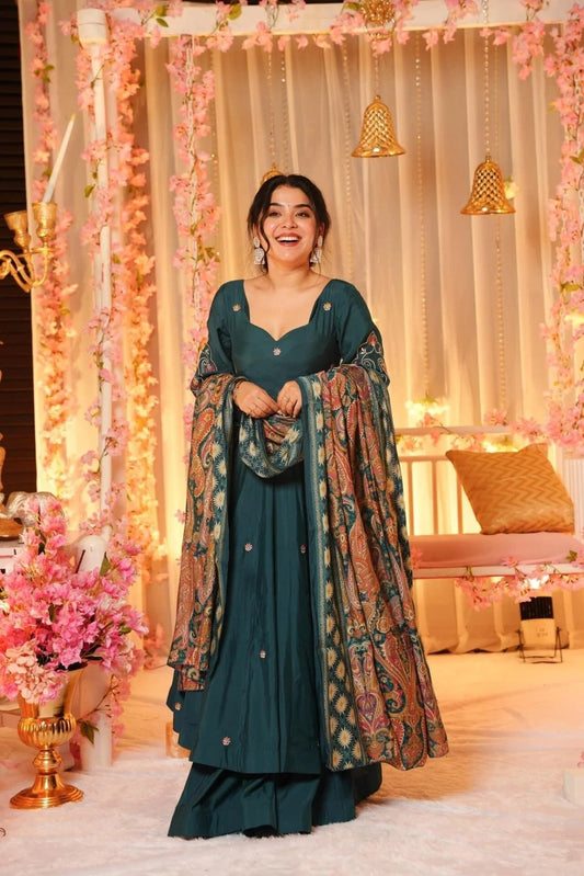Dark Green Embroidered P.V. Chanderi Anarkali Set