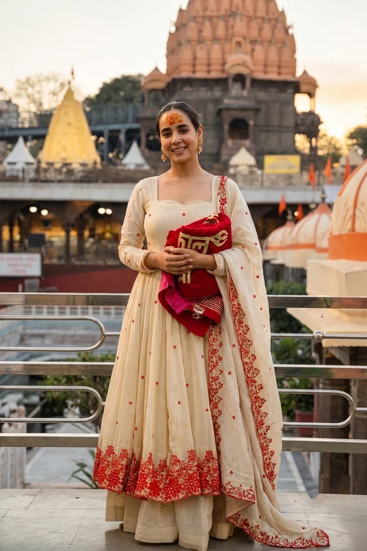 Women’s Cream Silk Embroidered Anarkali Suit Set with Dupatta & Palazzo