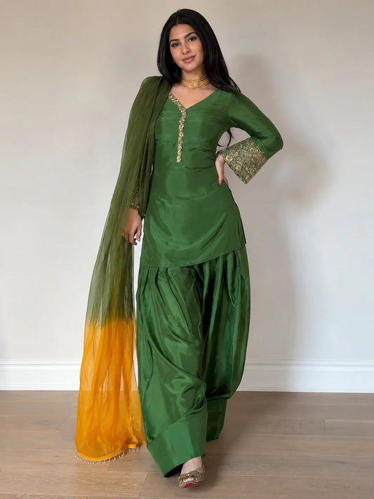 Green Jacquard Work Embroidered Farshi Kurta Set