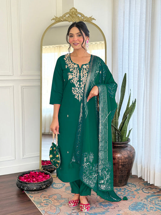 Green Viscose Chanderi Embroidered Kurta Set