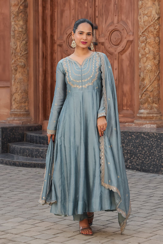 Grey Embroidered Vichitra Silk Anarkali Suit Set