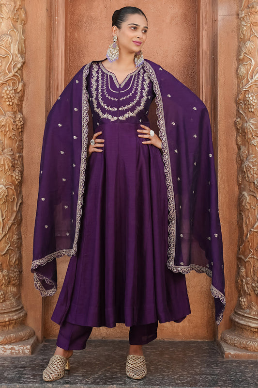 Wine Embroidered Vichitra Silk Anarkali Suit Set