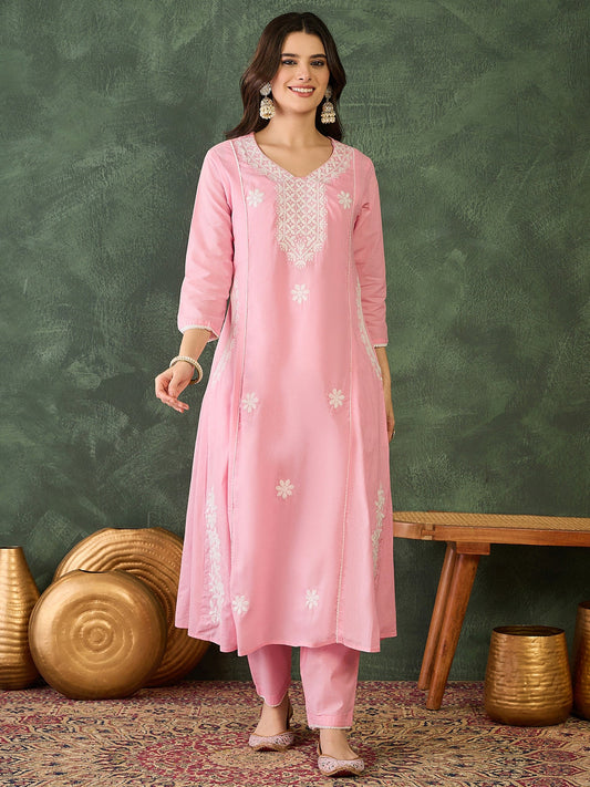 Gulnaar Blush Peach Embroidered Cotton Kurta Pant
