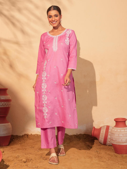 Peach Cotton Embroidered Suit Sets