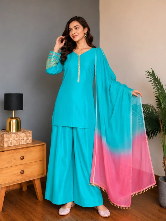 Sky Blue Jacquard Work Embroidered Farshi Kurta Set