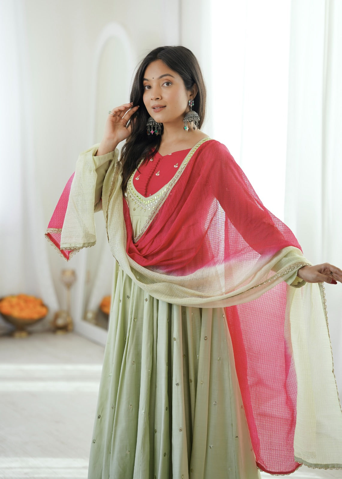 Pastel Green Embroidered Anarkali Suit Set