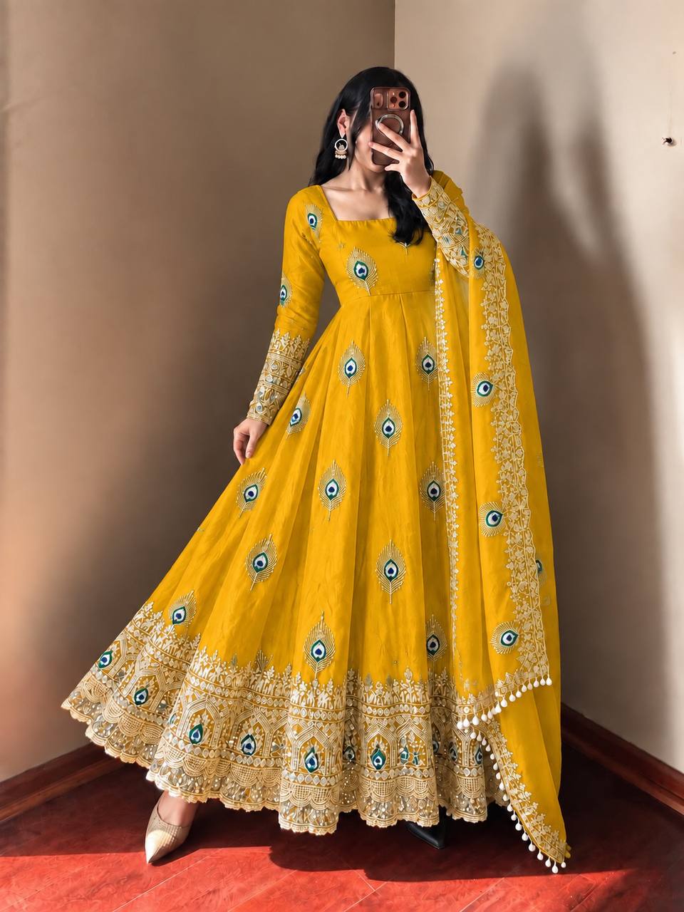 Yellow Silk Embroidered Anarkali Gown