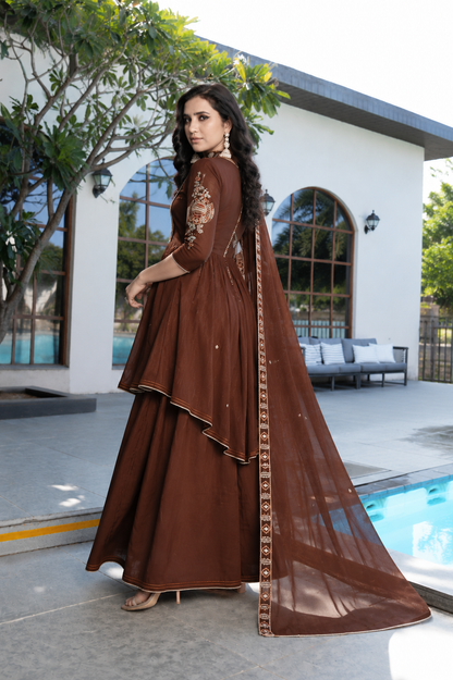 Chocolate Brown Embroidered Anarkali Sharara Set