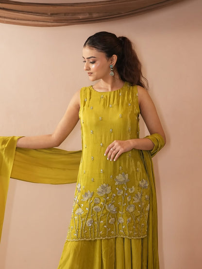 Olive Green Embroidered Sleeveless Sharara Suit Set
