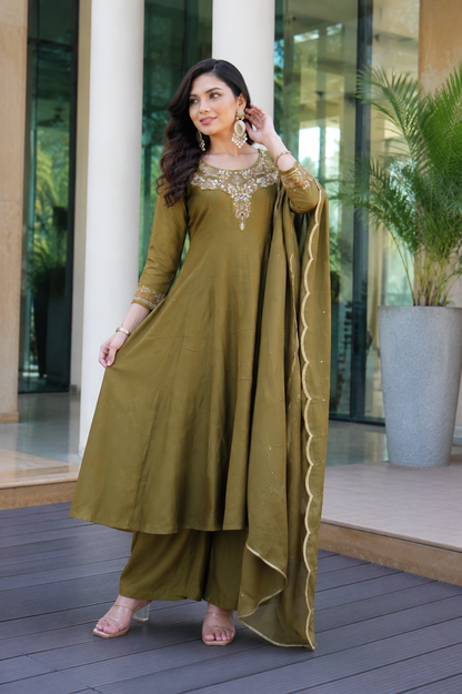 Olive Green Embroidered Viscose Suit Set