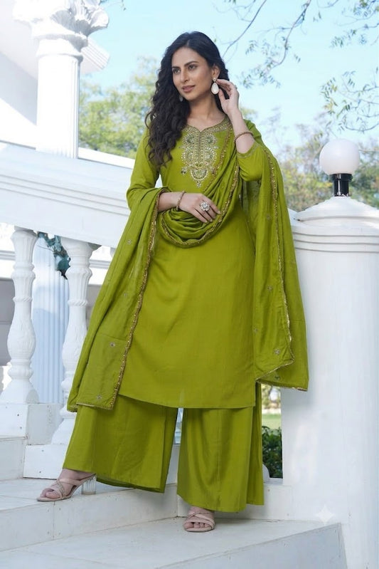 Olive Green Embroidered Viscose Silk Suit Set