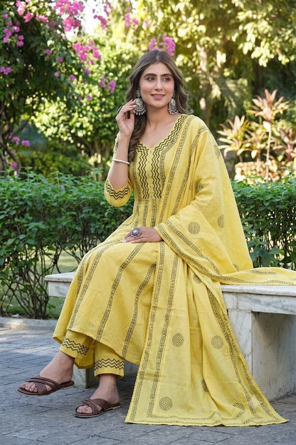 Mustard Yellow Printed Cotton Suit Set