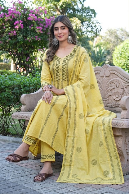 Mustard Yellow Printed Cotton Suit Set