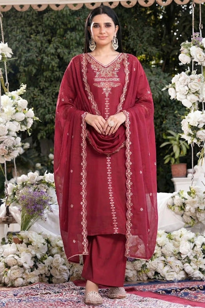 Wine Embroidered Faux Georgette Suit Set