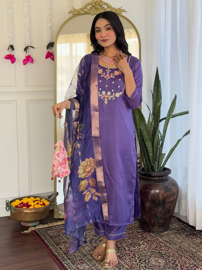 Purple Bloom Floral Kurta Pant Dupatta Set