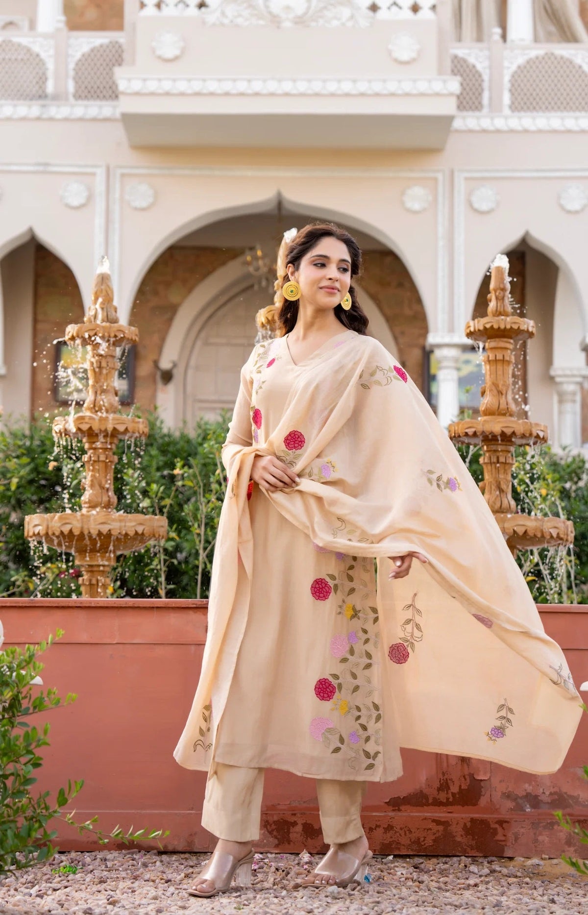 Cream Floral Printed Chanderi Kurta Set