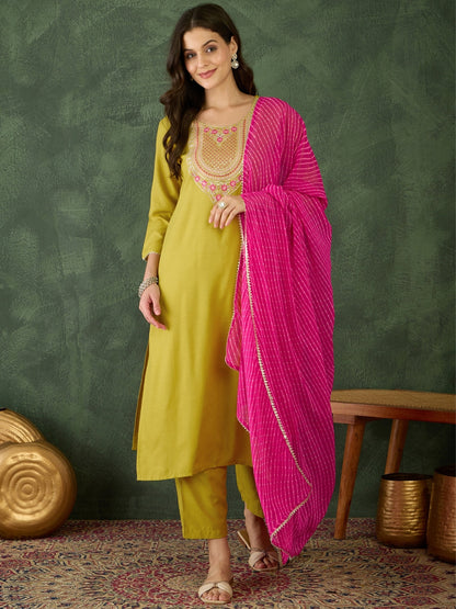 Lime Green Embroidered Chanderi Suit Sets