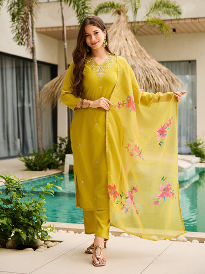 Olive Lime Green Embroidered Suit Sets