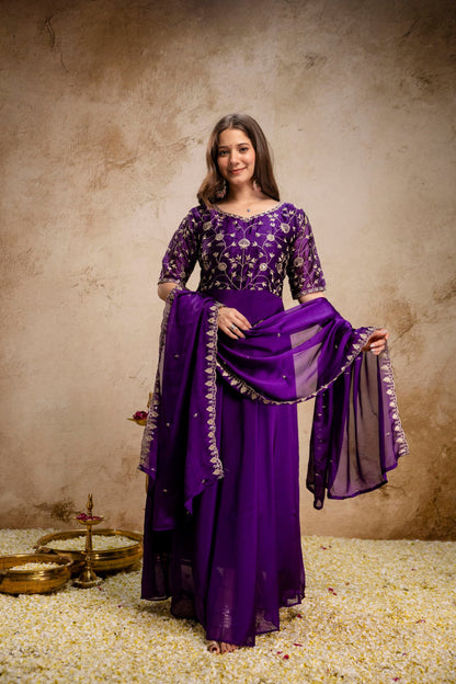 Purple Embroidered Chinon Anarkali Dress