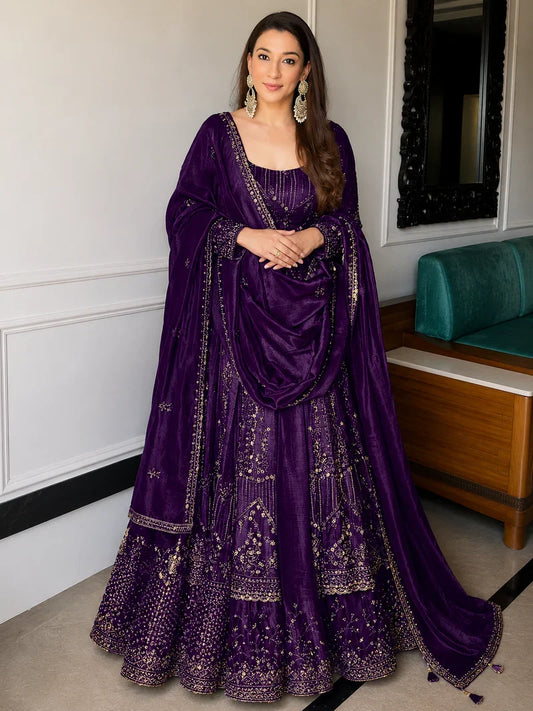 Purple Crunchy Silk Embroidered Anarkali Suit Set