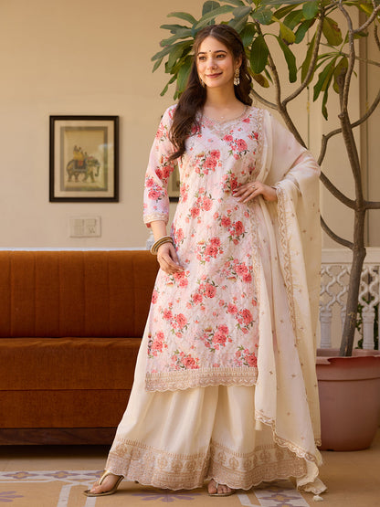 Off-White Floral Print Kurta Sharara Set
