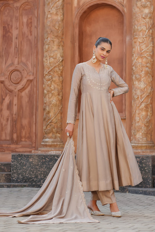 Beige Embroidered Vichitra Silk Anarkali Suit Set