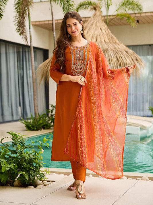 Sunset Aura Orange Viscose Silk Suit Sets