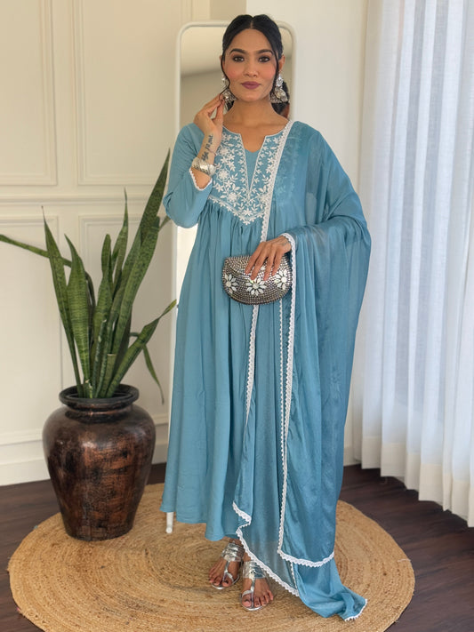 Sky Whisper Vichitra Anarkali Kurta Pant Set