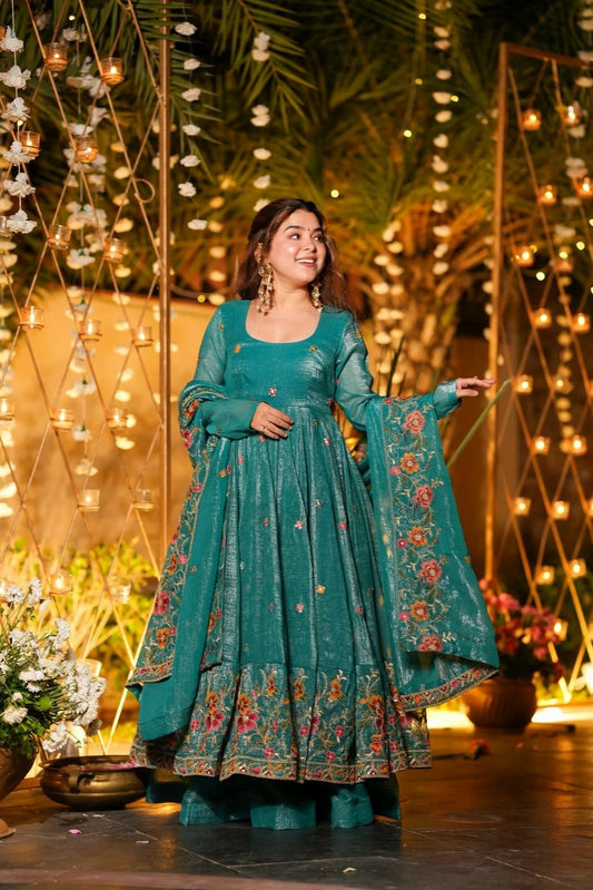 Teal Floral Embroidered Crunchy Silk Anarkali Suit Set