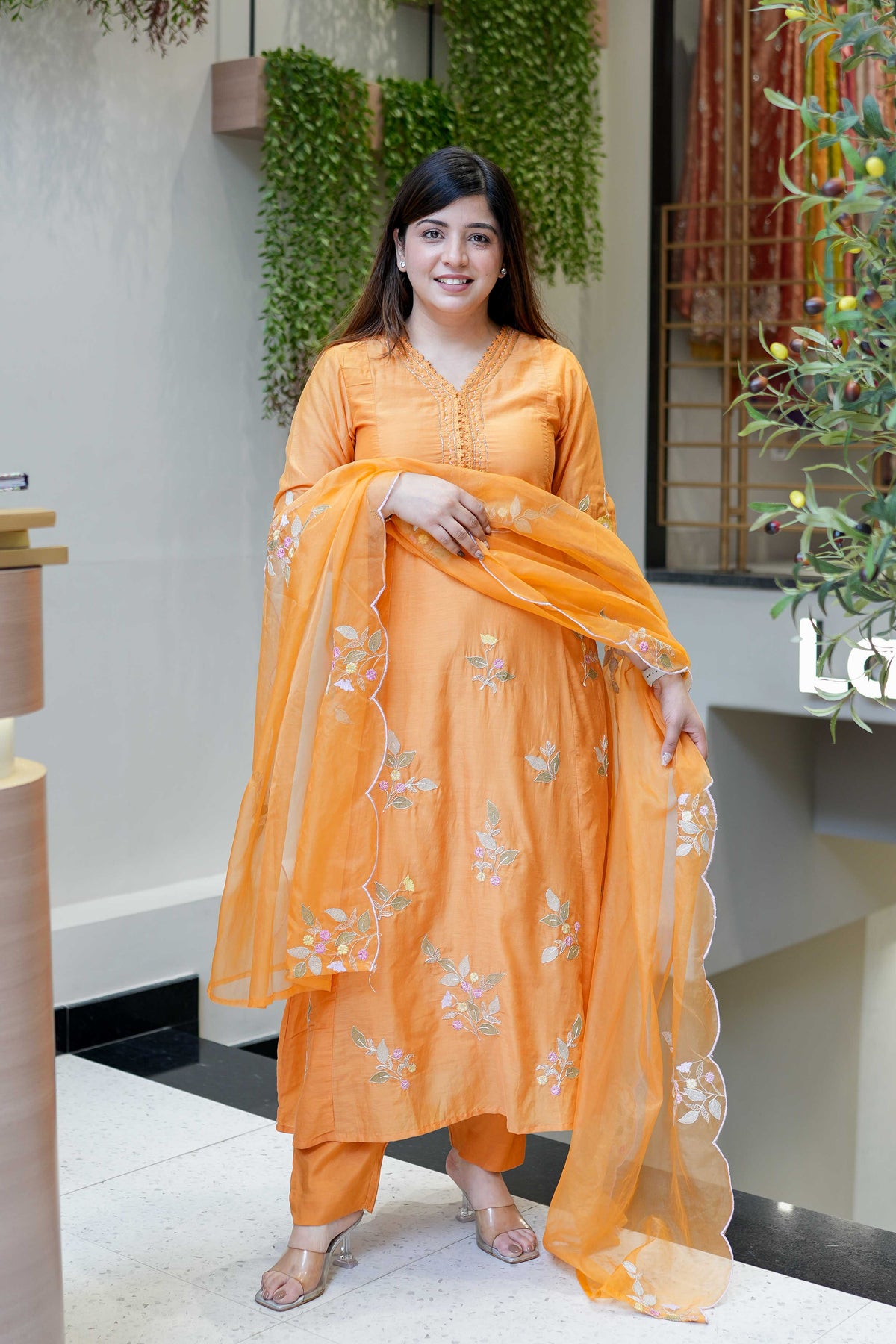 Sunshine Orange Embroidered Muslin Suit Set