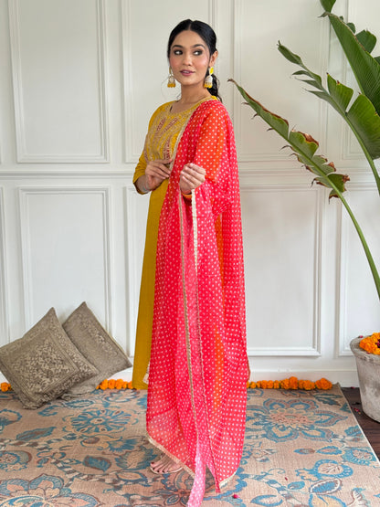 Mustard Yellow Embroidered Kurta Set