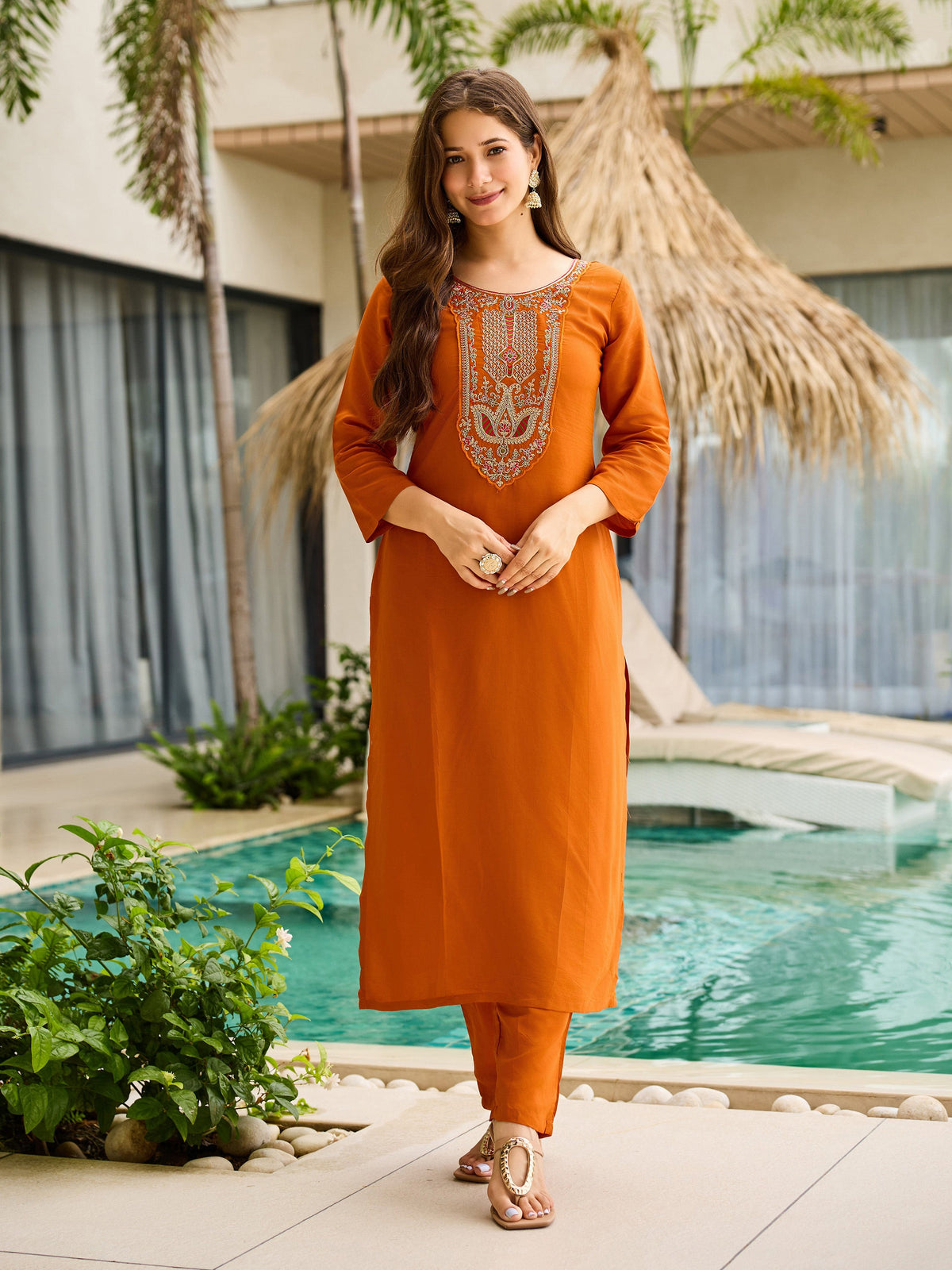 Sunset Aura Orange Viscose Silk Suit Sets