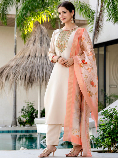 Cream Silk Embroidered Suit Sets