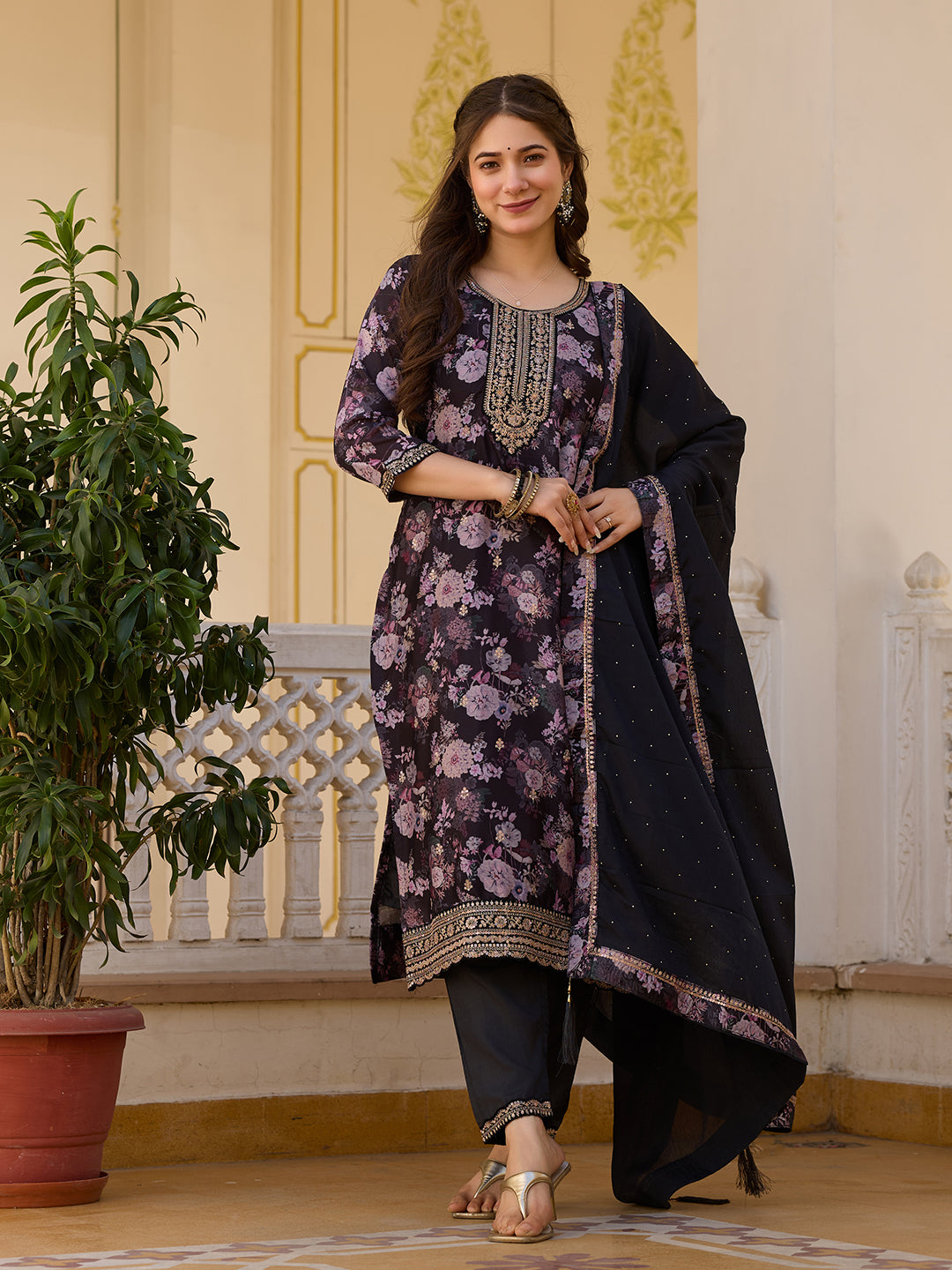 Black Floral Printed Suit Sets
