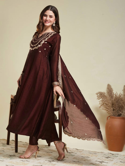 Brown Embroidered Vichitra Silk Anarkali Suit Set