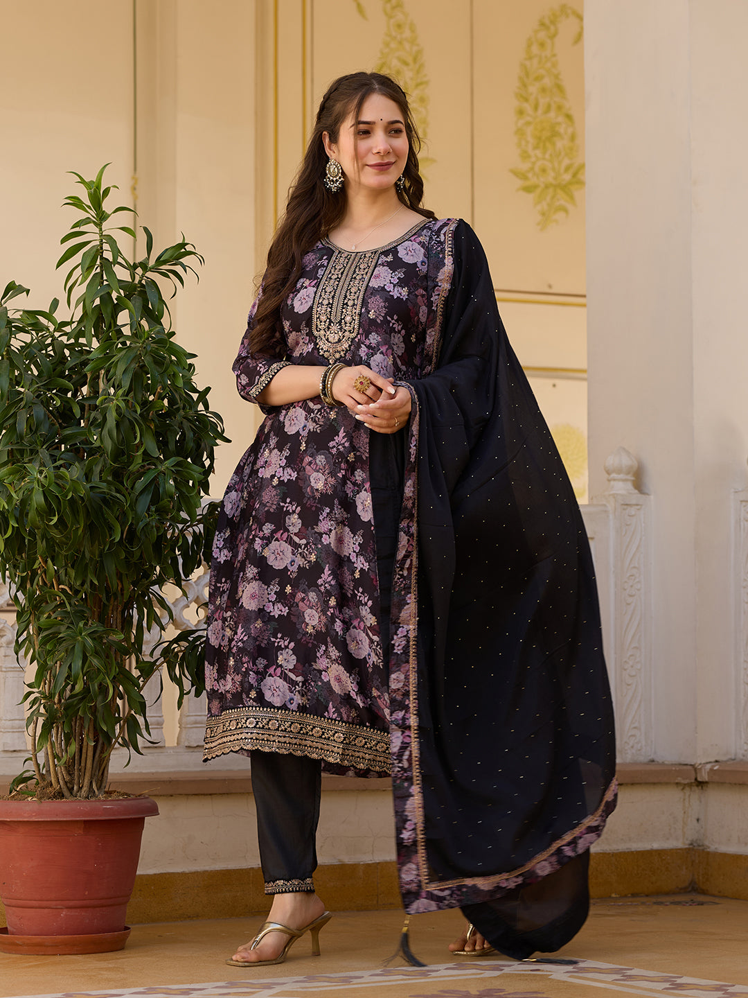 Black Floral Printed Suit Sets
