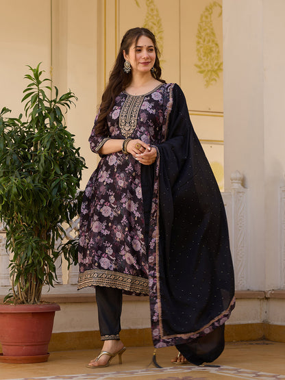 Black Floral Printed Suit Sets