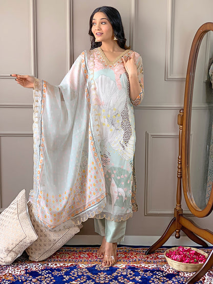 Elegant Pista Floral Printed Kurta Set