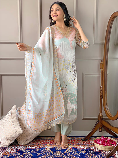 Elegant Pista Floral Printed Kurta Set