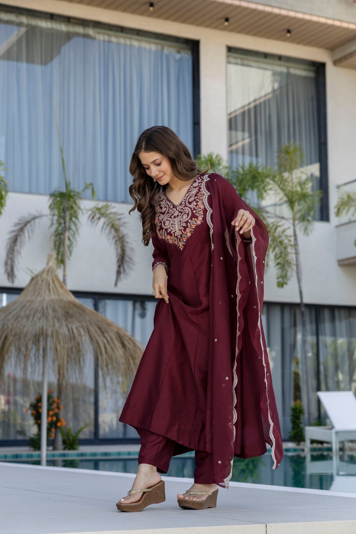 Maroon Chinnon Embroidered Kurta Set