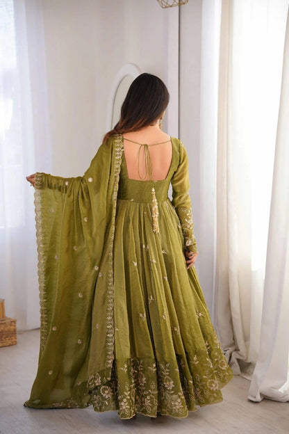 Olive Green Crunchy Silk Anarkali Suit Set