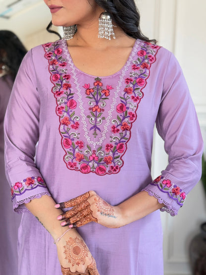 Purple Bloom Embroidered Kurta Pant Set