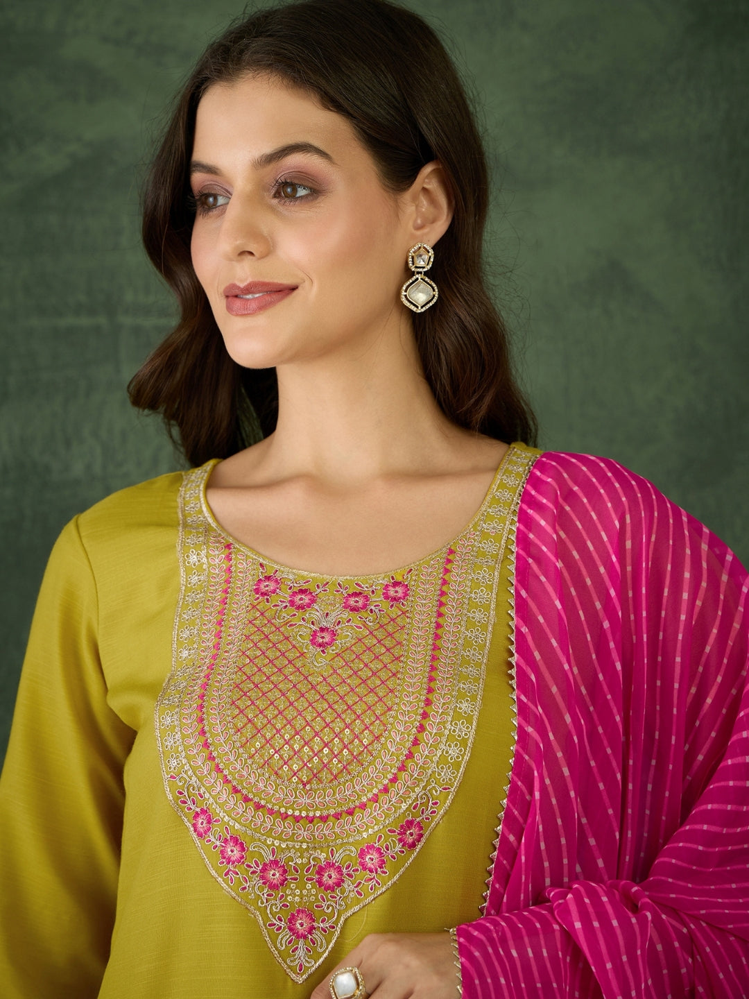 Lime Green Embroidered Chanderi Suit Sets