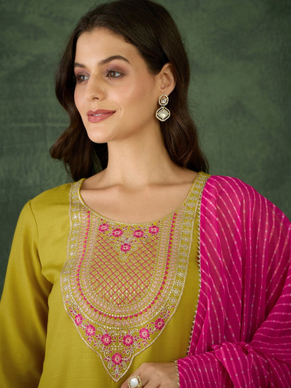 Lime Green Embroidered Chanderi Suit Sets